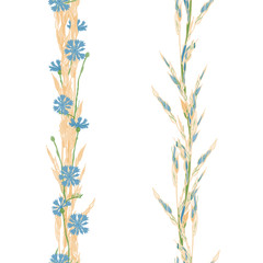 Fototapeta premium Seamless patterns ornaments of grass spikelets and cornflowers, vector illustration.