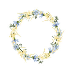 Obraz premium Round frame of spikelets and cornflowers, vector illustration with space for text.