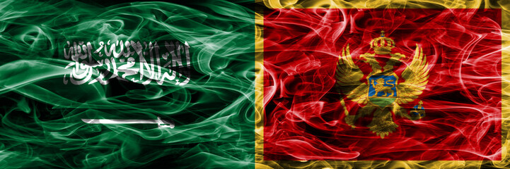Saudi Arabia vs Montenegro smoke flags placed side by side. Thick colored silky smoke flags of Saudi Arabia and Montenegro.