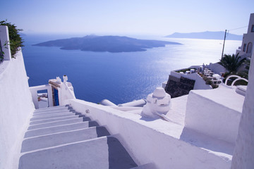 View with white stairs from Santorini, Greece