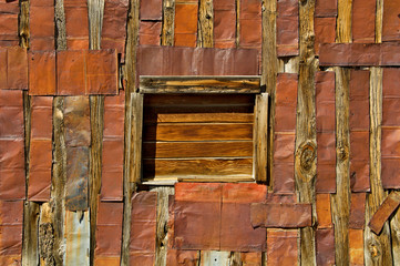 Makeshift metal patchwork Cabin Wall, Belmont Ghost Town, Nevada 