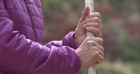Tight shot of old female hiker holding wooden walking stick in nature