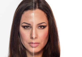 A woman's portrait with retouched and without retouching is divided into half of the face.