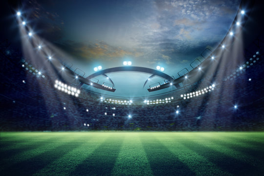 lights at night and football stadium 3d rendering. Mixed photos