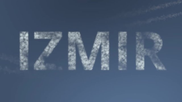 Flying airplanes reveal Izmir caption. Traveling to Turkey conceptual intro animation