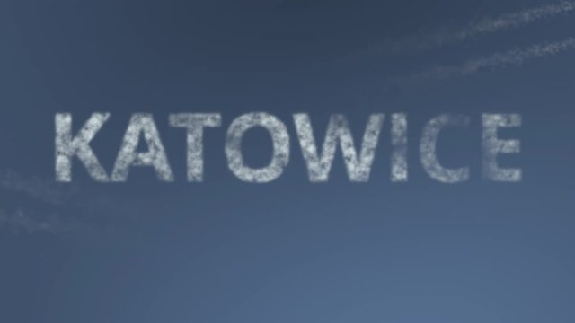 Flying airplanes reveal Katowice caption. Traveling to Poland conceptual intro animation