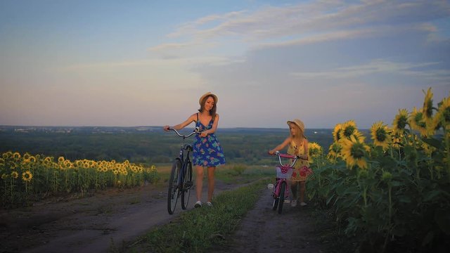 Family on bicycles in nature. Mom and daughter on bicycles on a field of sunflowers. Mother and daughter in hats are walking through sunflowers field. The concept of the family.