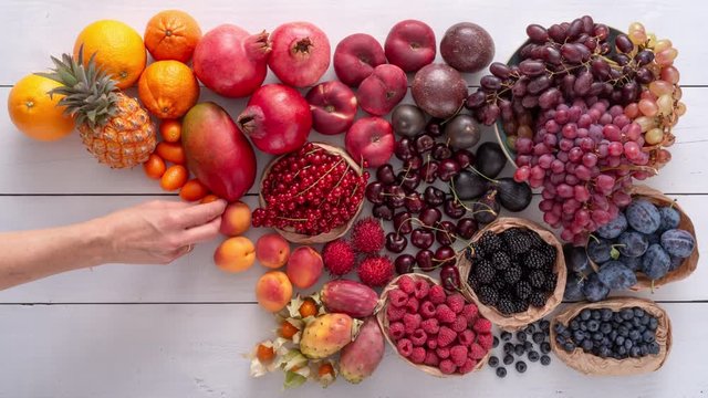 Colorful fruits arranged by female hands on white wood panelling. Thanksgiving or harvest Concept. 4k Stop motion animation.