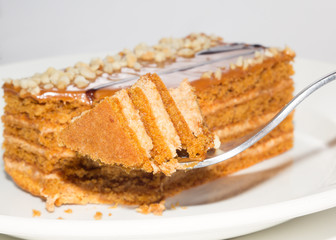 honey cake with a broken piece is on the fork