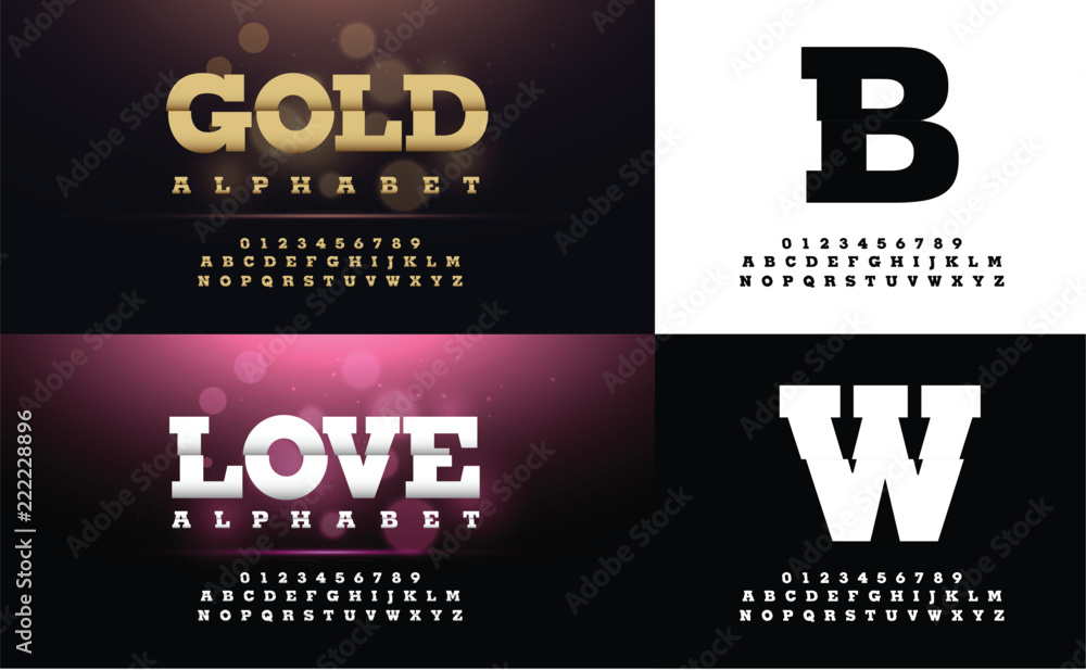 Poster elegant gold and silver colored metal chrome alphabet font and numbers with bokeh on abstract backgr
