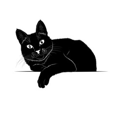 Векторный рисунок. Чёрный силуэт лежащей кошки 