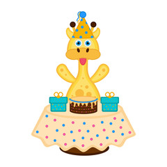 Cute giraffe with a party hat, a cake and presents