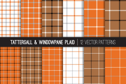 Orange, Brown, Grey, White Tattersall & Windowpane Plaid Vector Patterns. Men's Fall Fashion Fabric. Father's Day Background. Small to Large Scale Check Textile Prints. Pattern Tile Swatches Included