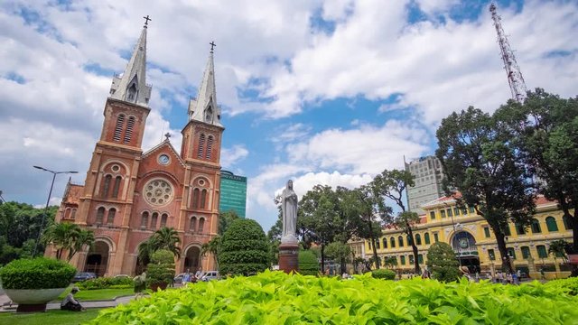 Timelapse of Notre Dame Cathedral (Vietnamese: Nha Tho Duc Ba). Royalty high quality free stock footage time lapse of Notre-Dame Cathedral Basilica of Saigon officially Cathedral Basilica of Our Lady