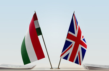 Fototapeta na wymiar Two flags of Hungary and United Kingdom