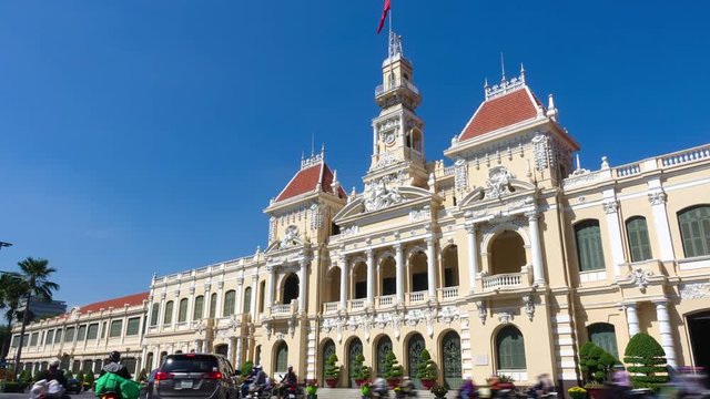 Ho Chi Minh city, Vietnam. Timelapse landscape skyline of the Ho Chi Minh City Hall or Ho Chi Minh City People's Committee in a sunny day. Royalty high-quality free stock footage time lapse beautiful