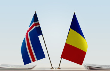 Two flags of Iceland and Romania