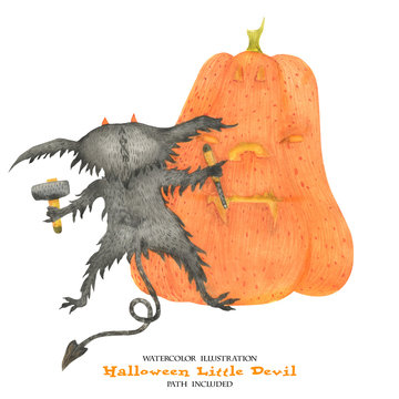 6413375 Watercolor illustration for Halloween. Little devil engraves a pumpkin