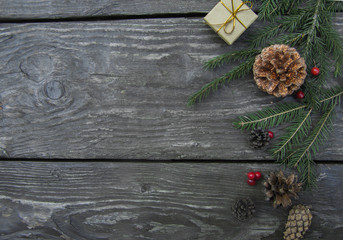 festive christmas background top view with wooden table texture