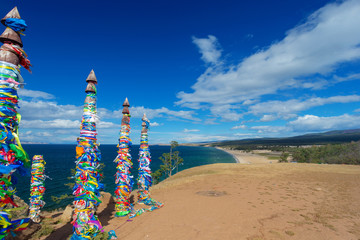 Fototapeta premium Ritual shaman pillars on Olkhon island, Russia