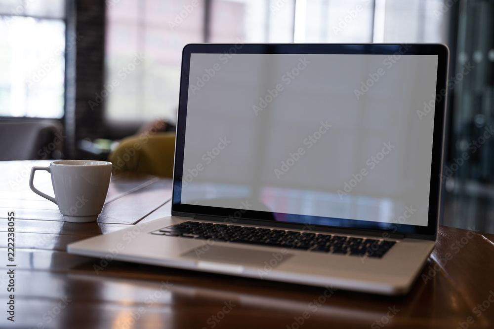 Poster mock up using laptop with blank screen computer modern