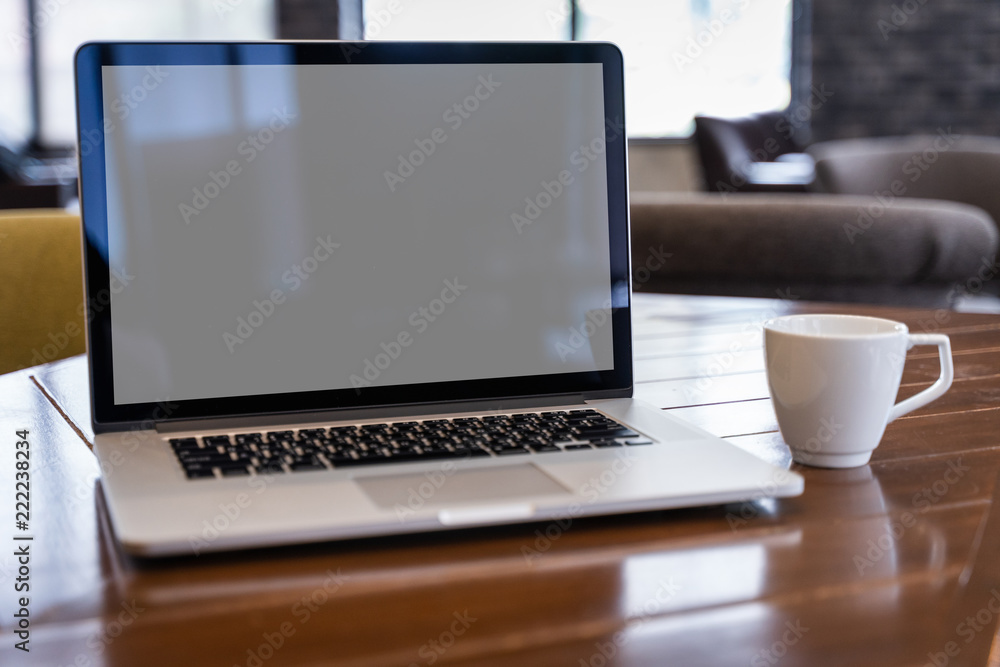 Poster mock up using laptop with blank screen computer modern