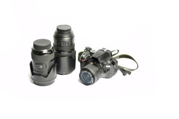 Digital SLR Camera and lens isolated on white background