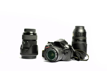 Digital SLR Camera and lens isolated on white background