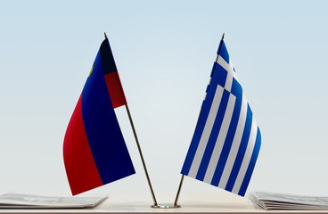 Two flags of Liechtenstein and Greece