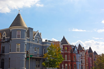 Historic townhouses of Shaw neighborhood in Washington DC. Residential row houses in US capital in early autumn.