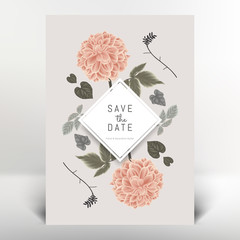 Botanical greeting/invitation card template design, orange dahlia flowers and leaves, vintage style
