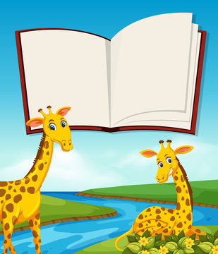 Giraffe next to river and blank bok template