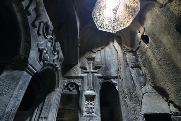 Geghard monastery near Yerevan  is a medieval monastery in the Kotayk province of Armenia, being partially carved out of the adjacent mountain.