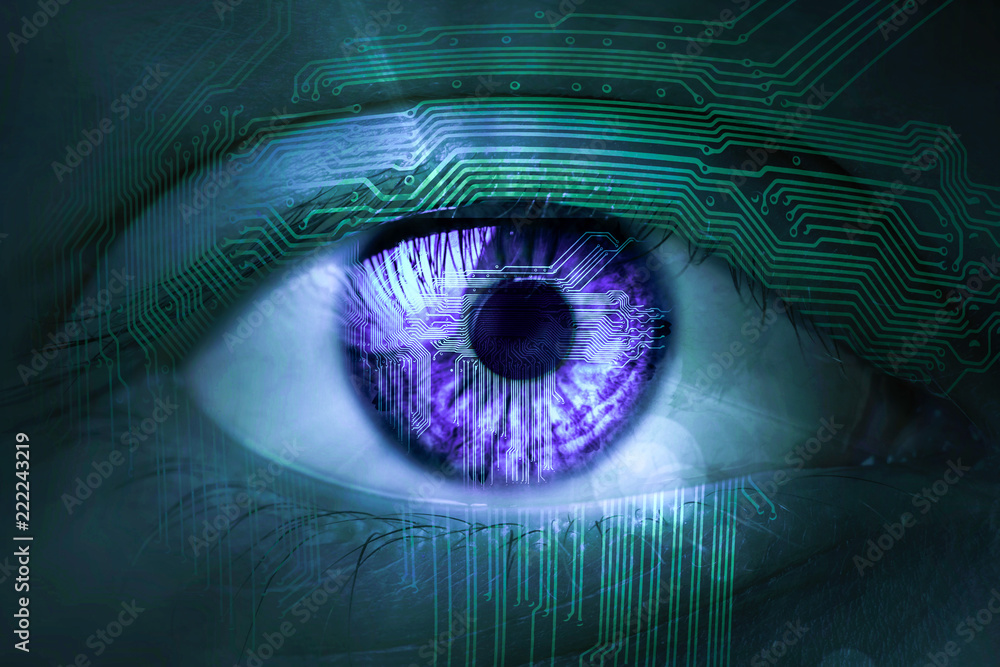Poster data eye with technical background. one eye glows on a circuit board pattern.