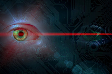 data eye with technical background and laser light. one eye glows on a cirvuit board pattern with...