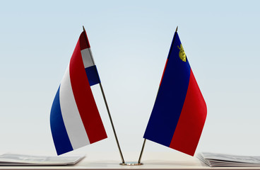 Two flags of Netherlands and Liechtenstein