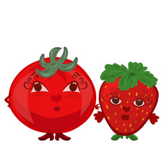 Two red products, funny girlfriends, strawberries and a tomato