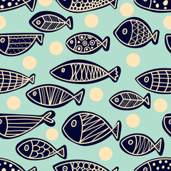 Decorative fish on a mint background with polka dots. Seamless pattern can be used for wallpaper, pattern fills, web page background, surface textures.