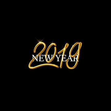 Happy New Year 2019 interlaced lettering, gold text calligraphy, modern design, vector card, banner illustration