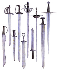 watercolor swords at white background