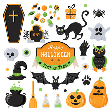 Happy Halloween design elements. Candy, coffin, grave, eye, hand, cat, ghost, spider, owl, pumpkin, trace, pot, potion, broom, hat, skull, inscription, bat.