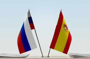 Two flags of Russia and Spain