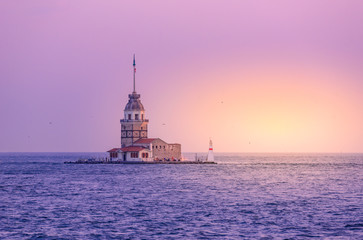 Maiden's Tower (also known as Leander's Tower or Kiz Kulesi) on the Bosphorus in Istanbul at sunset , Turkey