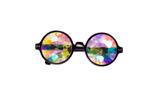 Designer glasses with kaleidoscope lenses on a white isolated background