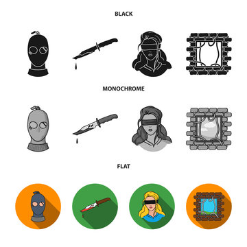 A Thief In A Mask, A Bloody Knife, A Hostage, An Escape From Prison.Crime Set Collection Icons In Black, Flat, Monochrome Style Vector Symbol Stock Illustration Web.