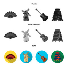 Fan Spanish, mill, guitar, skirt for national Spanish dances. Spain country set collection icons in black, flat, monochrome style vector symbol stock illustration web.