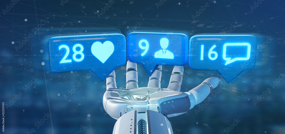 Poster cyborg hand holding like, follower and message notification on social network - 3d rendering