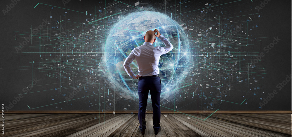 Poster man holding connection around a world globe isolated 3d rendering