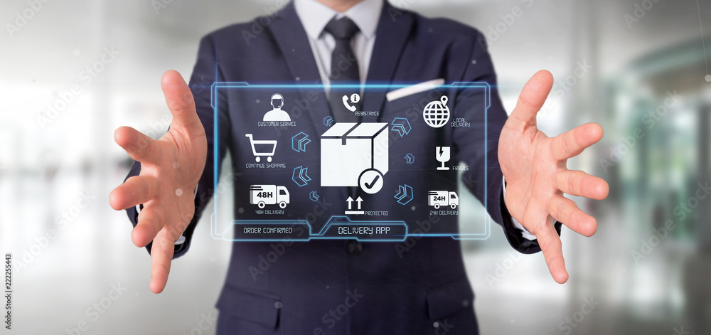 Poster businessman holding a logistic delivery application screen 3d rendering