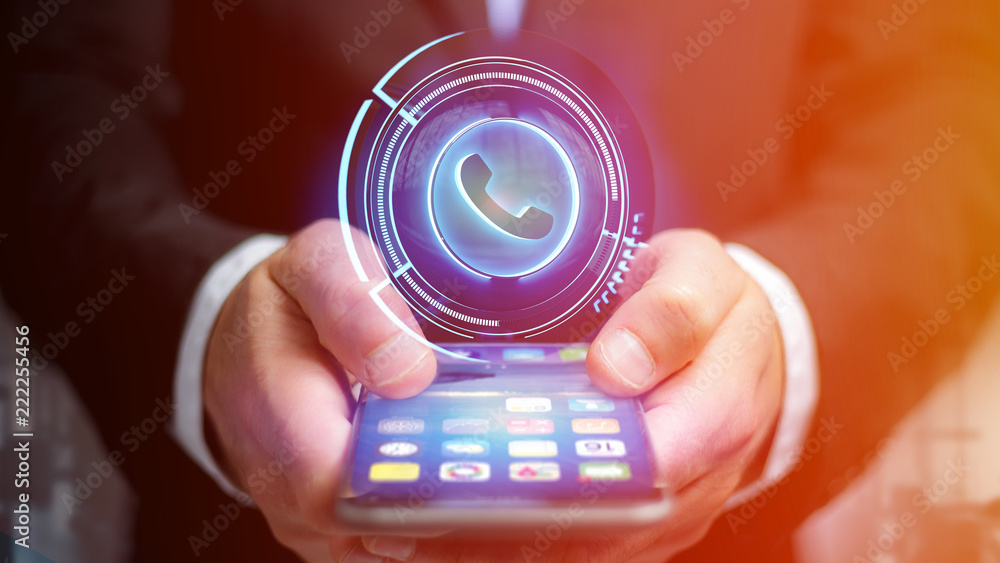 Poster businessman using a shinny technologic phone button on his smartphone - 3d render